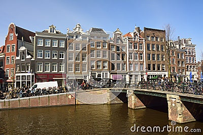 View of Leliegracht bridge spanning Prinsengracht canal in Amsterdam. Editorial Stock Photo